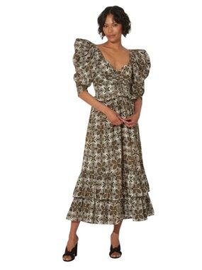 Cleobella Brown & Cream Puff Sleeve Smocked Floral Print Ruffle Midi Dress XS